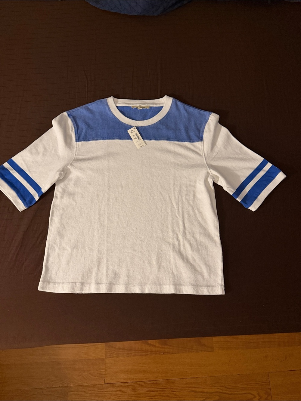 Madewell White Short-Sleeve Tee with Light Blue Yoke and Sleeve Stripes